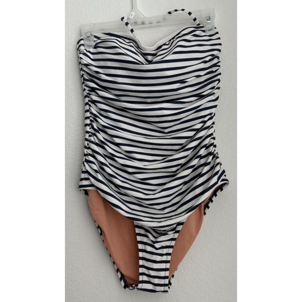 NWOT J.Crew Ruched Bandeau One-Piece Navy Striped Swimsuit Size 8 - Picture 2 of 6
